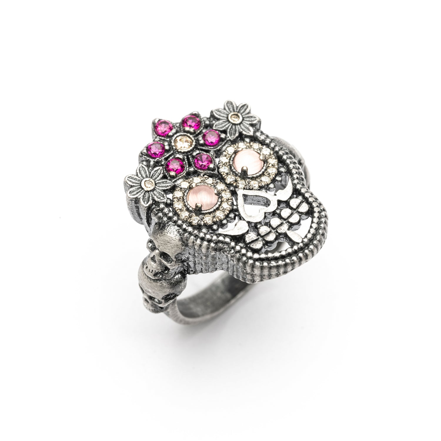 Anillo Plata Calavera Flores