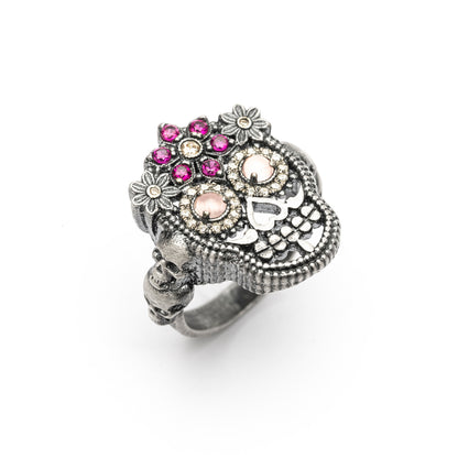 Anillo Plata Calavera Flores