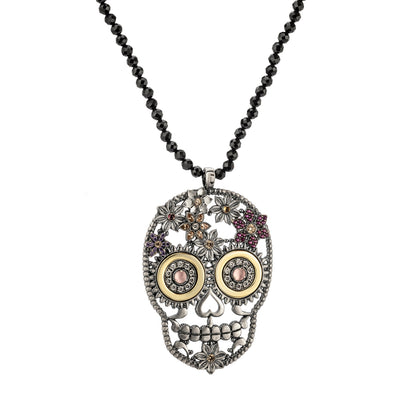 Colgante Calavera Grande Flores Plata