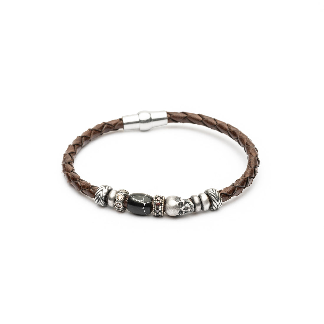 Pulsera Calavera Cuero Plata Circonitas