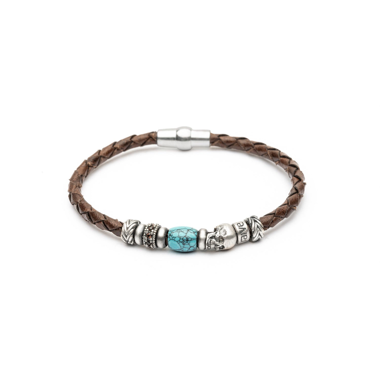 Pulsera Calavera Cuero Plata Circonitas