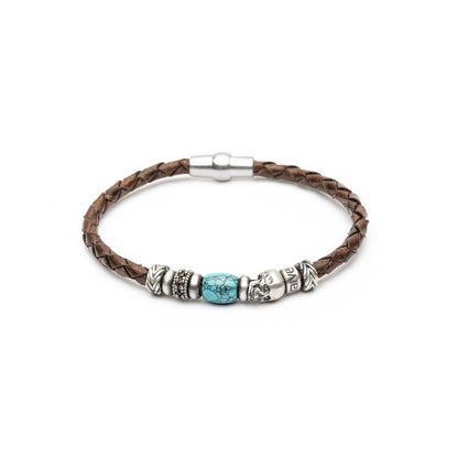 Pulsera Calavera Cuero Plata Circonitas