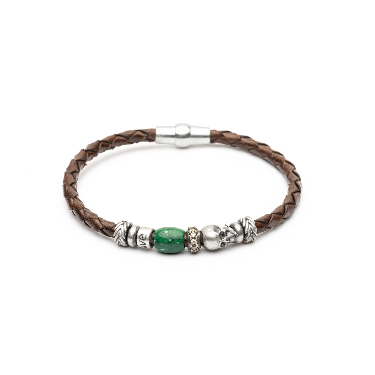 Pulsera Calavera Cuero Plata Circonitas