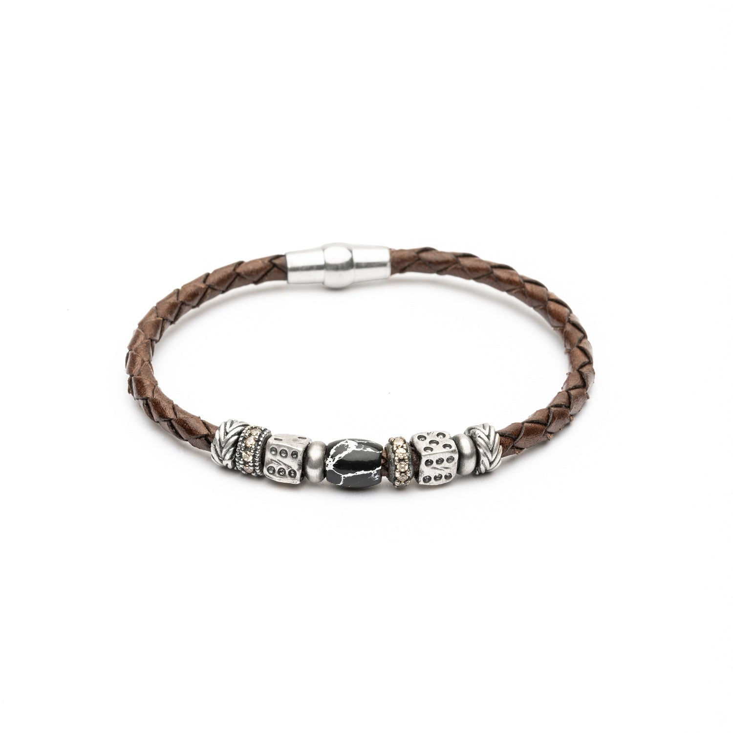 Pulsera Calavera Cuero Plata Circonitas