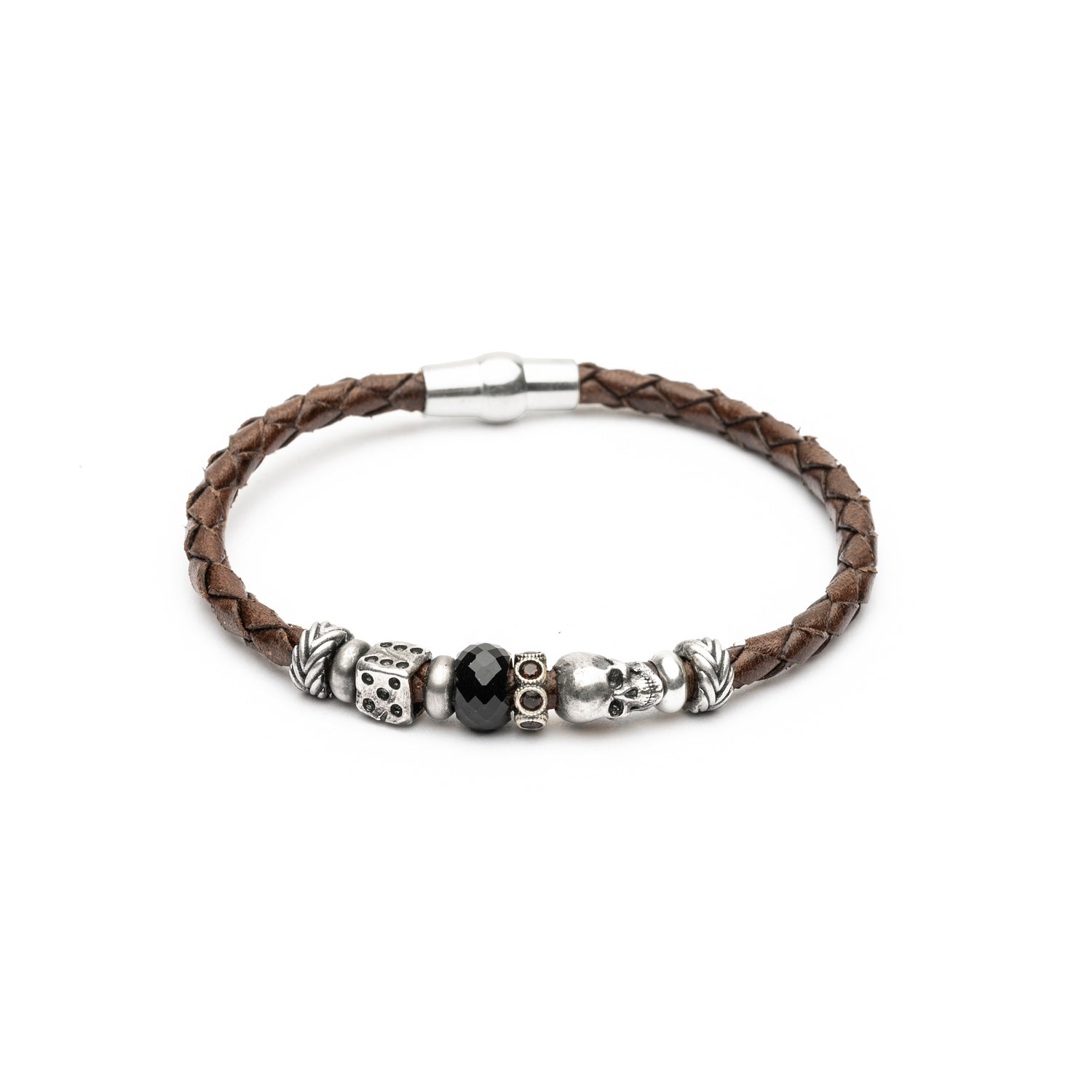 Pulsera Calavera Cuero Plata Circonitas