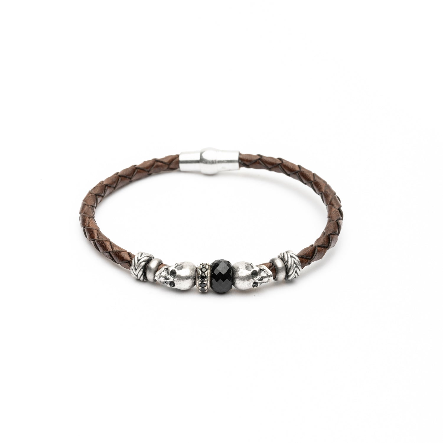 Pulsera Calavera Cuero Plata Circonitas