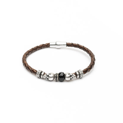 Pulsera Calavera Cuero Plata Circonitas