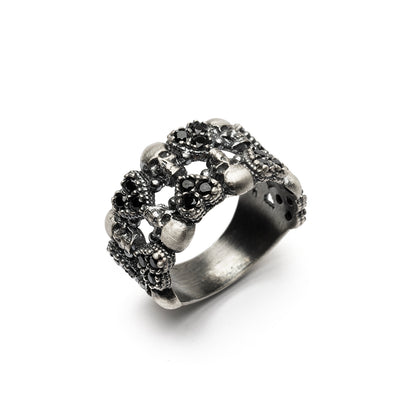 Anillo Plata Doble Corazones Calaveras