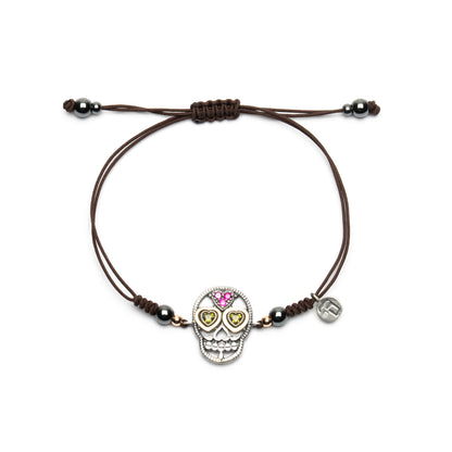 Pulsera Macramé Plata y Bronce Calavera