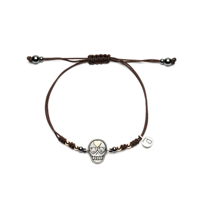 Pulsera Macramé Plata y Bronce Calavera Pequeña