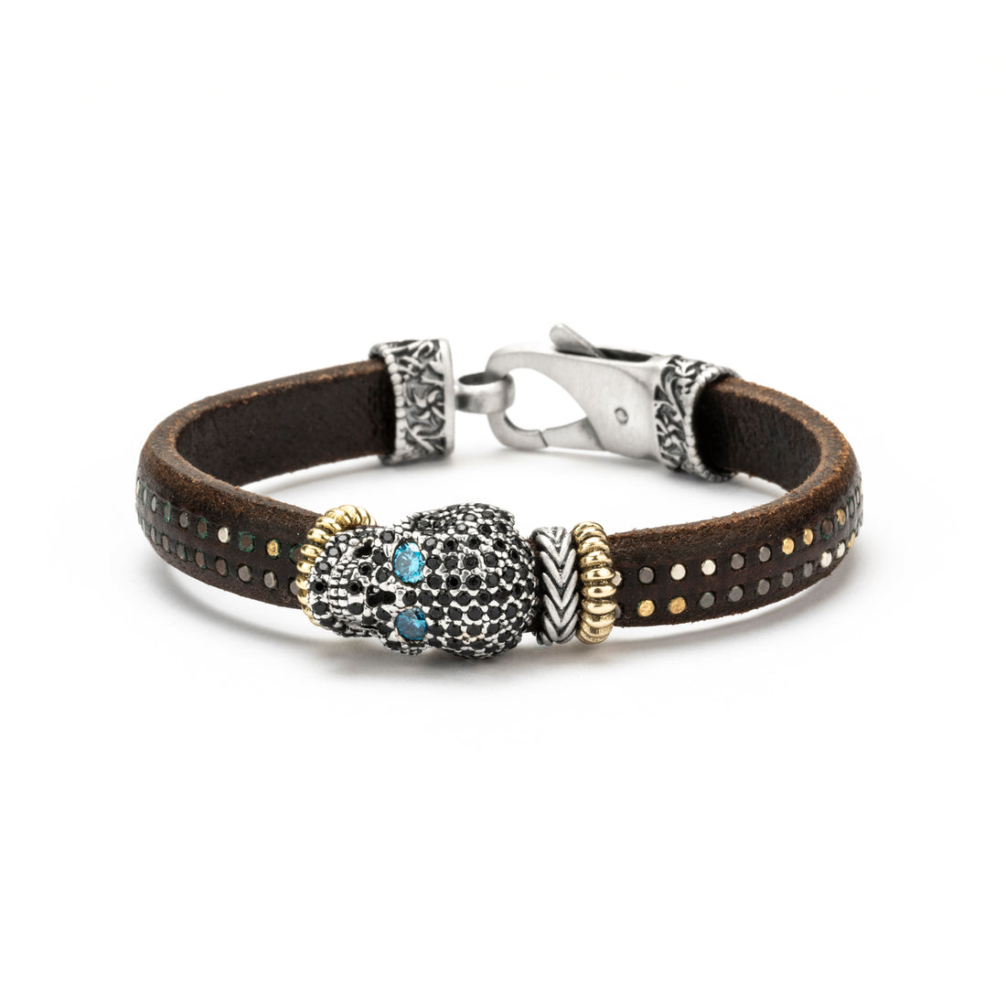 Pulsera Cuero Plata Calavera Espinelas