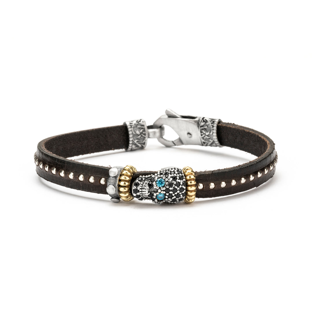 Pulsera Cuero Plata Calavera Pequeña Espinelas