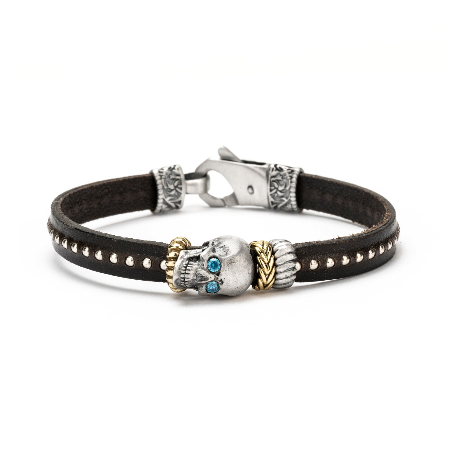 Pulsera Cuero Plata Calavera Pequeña
