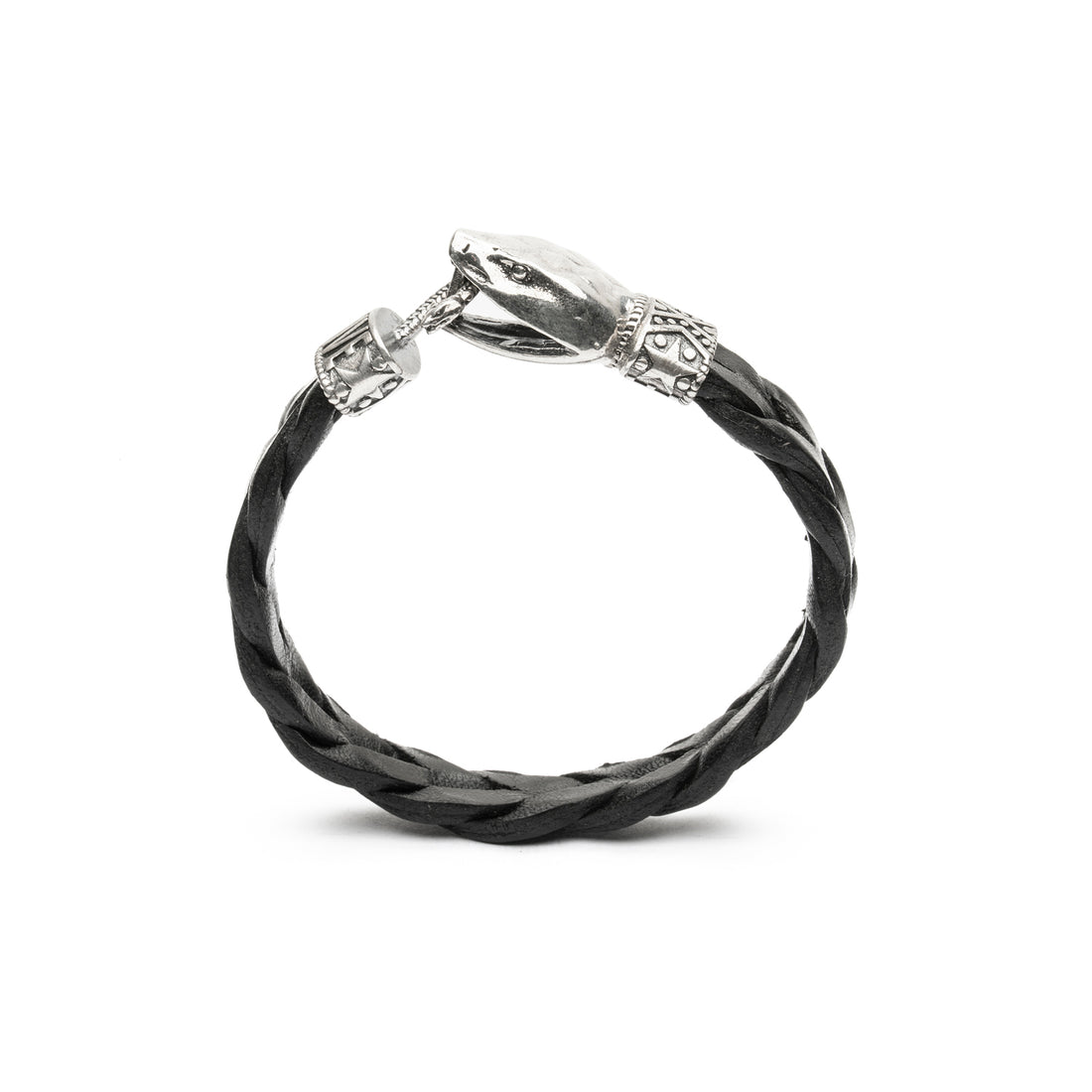Pulsera Serpiente Plata y Cuero Negro