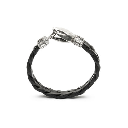 Pulsera Serpiente Plata y Cuero Negro