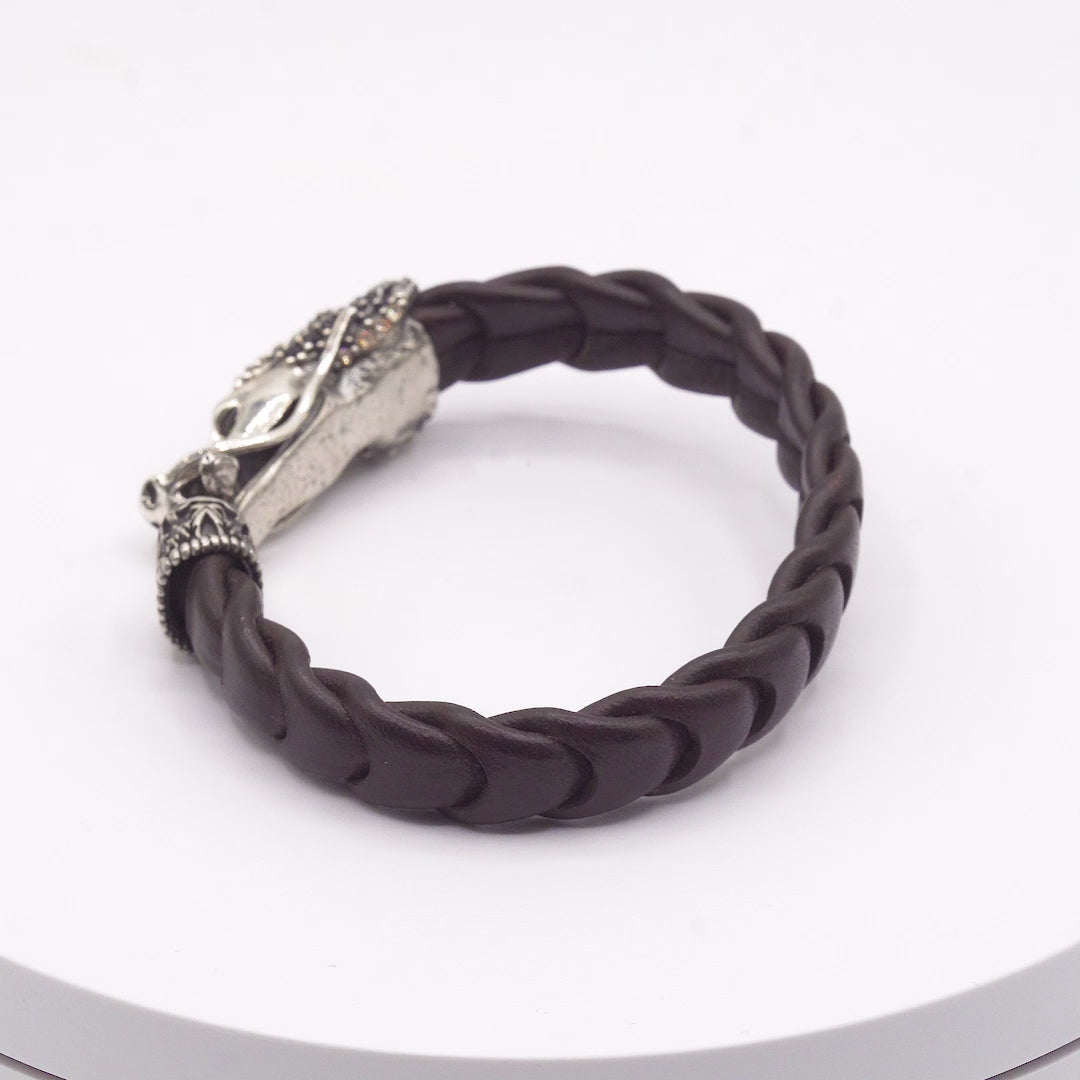 Pulsera Cuero Dragón Plata