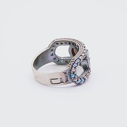 FAT-51 ANILLO PLATA FÁTIMA, OJO DE GATO AZUL, CALCEDONIA, CIRCONITAS