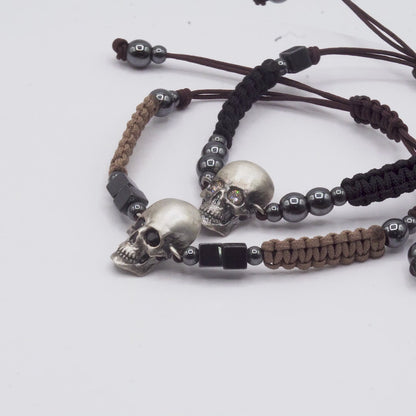 Pulsera Plata Macramé Calavera Ojos