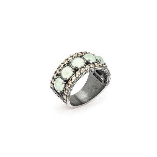 15320-2 ANILLO PLATA CALCEDONIA VERDE CUADRADA Y CIRCONITA CAVA.