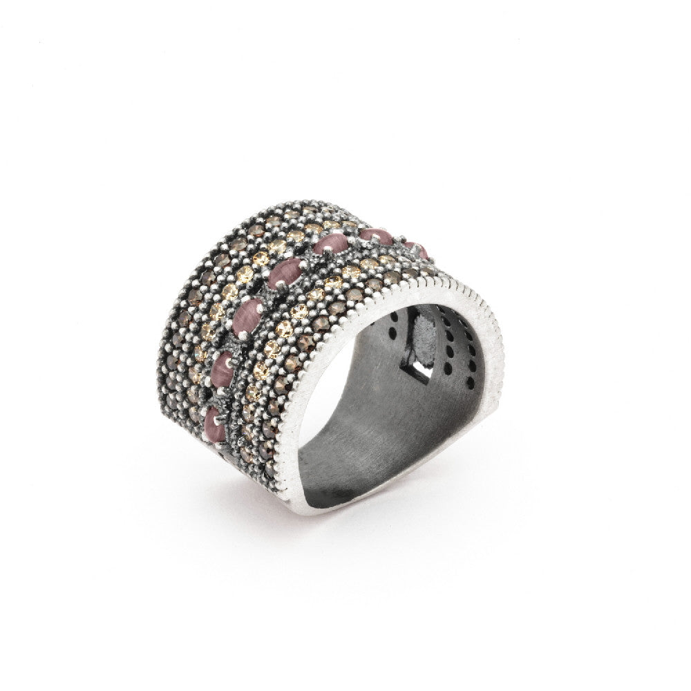 15346 ANILLO PLATA OJO DE GATO MORADO Y CIRCONITAS BROWN, CAVA.