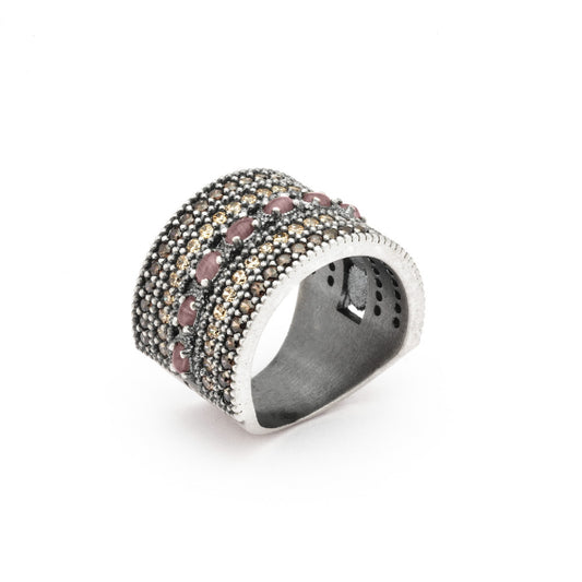 15346 ANILLO PLATA OJO DE GATO MORADO Y CIRCONITAS BROWN, CAVA.