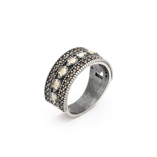 15354 ANILLO PLATA OJO DE GATO BLANCO Y CIRCONITAS BROWN.