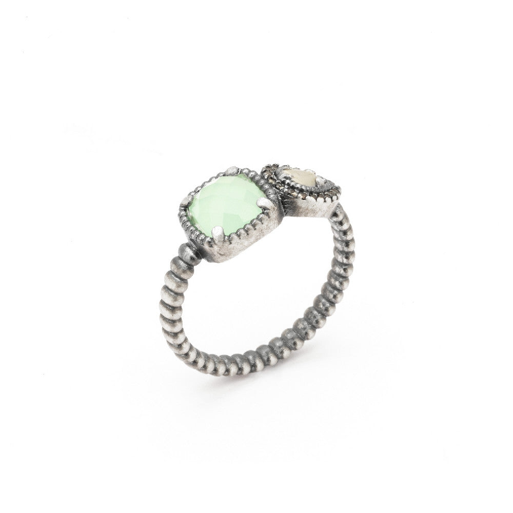 15364 ANILLO PLATA CALCEDONIA VERDE, OJO DE GATO BLANCO, CIRCONITA BROWN.