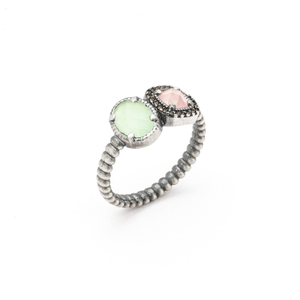 15366 ANILLO PLATA CALCEDONIA VERDE, OJO DE GATO ROSA, CIRCONITA BROWN.