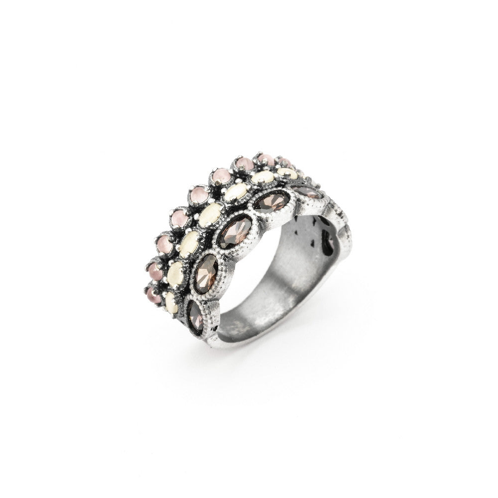 15403 ANILLO PLATA OJO DE GATO BLANCO, OJO DE GATO ROSA Y CIRCONITA BROWN