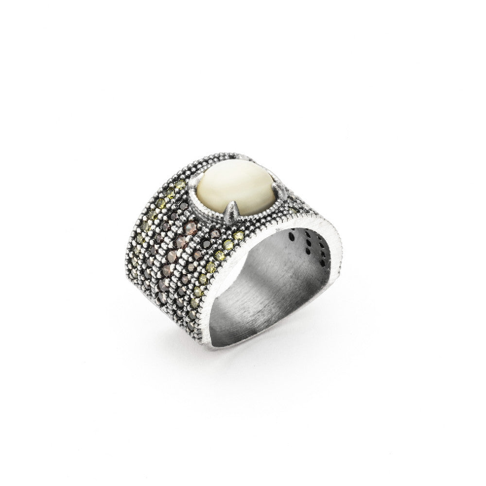 15419 ANILLO PLATA NÁCAR, CIRCONITA BROWN Y VERDE
