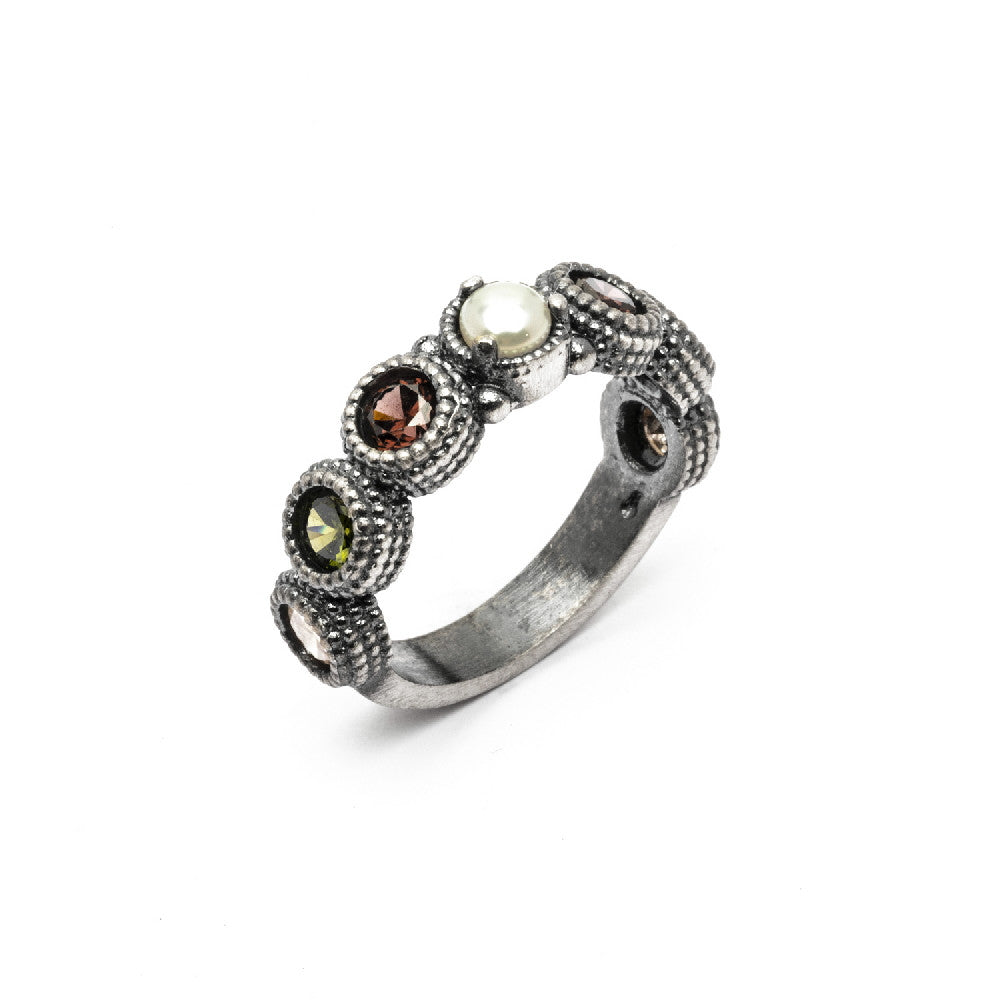 15480 SILVER RING WITH PEARL, CAVA ZIRCONIA, BROWN, AND GREEN