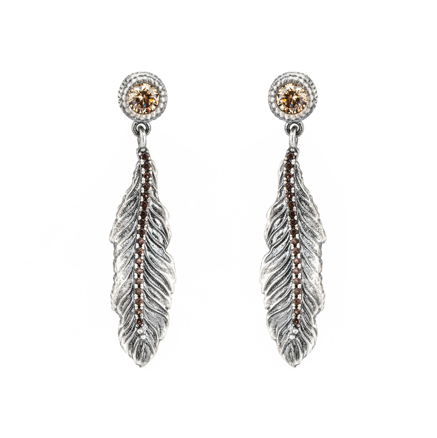 AG-12 PENDIENTES PLATA PLUMA ÁGUILA, CIRCONITAS BROWN