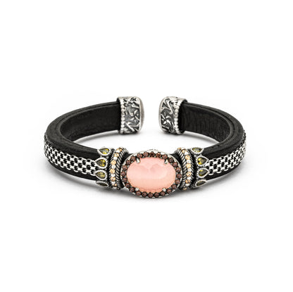 C5-52 PULSERA DE CUERO Y PLATA, OJO DE GATO ROSA, CIRCONITAS CAVA, VERDE