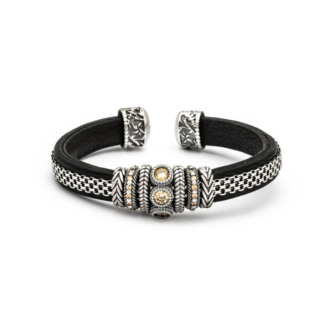 C5-55 PULSERA DE CUERO Y PLATA, CIRCONITAS CAVA