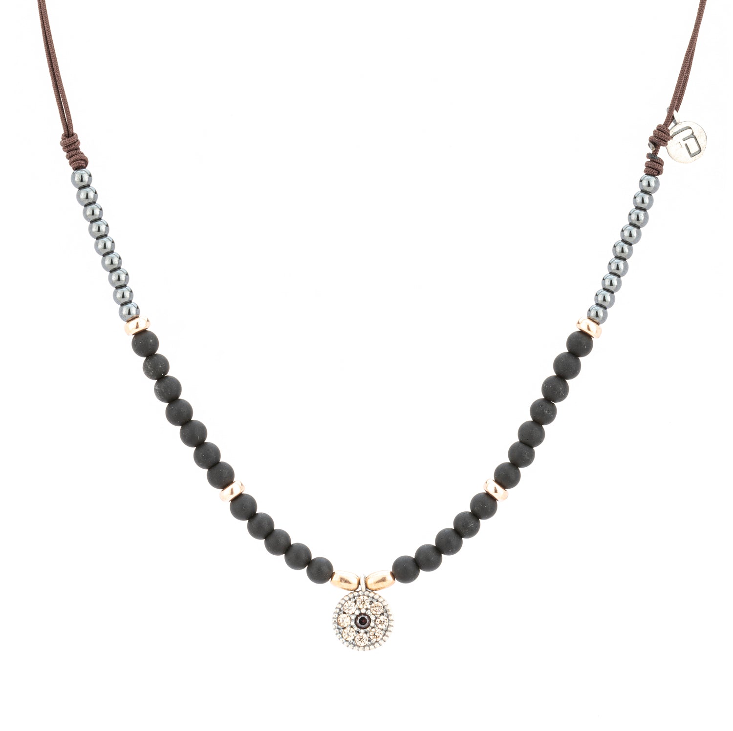 C858 COLGANTE PLATA MACRAMÉ CIRCONITA BROWN Y CAVA, HEMATITES, OBSIDIANA