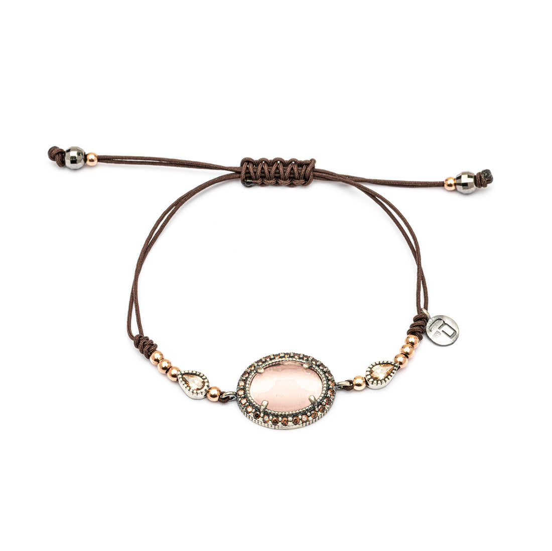 MA-385 PULSERA PLATA MACRAMÉ OJO DE GATO ROSA, CIRCONITAS BROWN