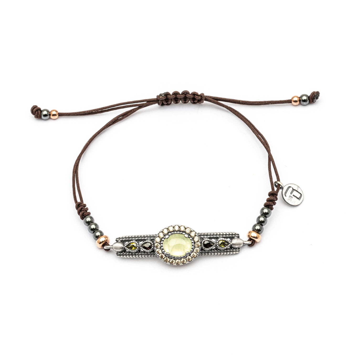 MA-388 PULSERA PLATA MACRAMÉ PREHNITA, CIRCONITAS CAVA, BROWN, VERDE