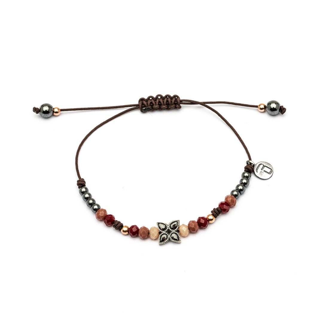 MA-389 PULSERA PLATA MACRAMÉ FLOR HOJAS CIRCONITAS BROWN