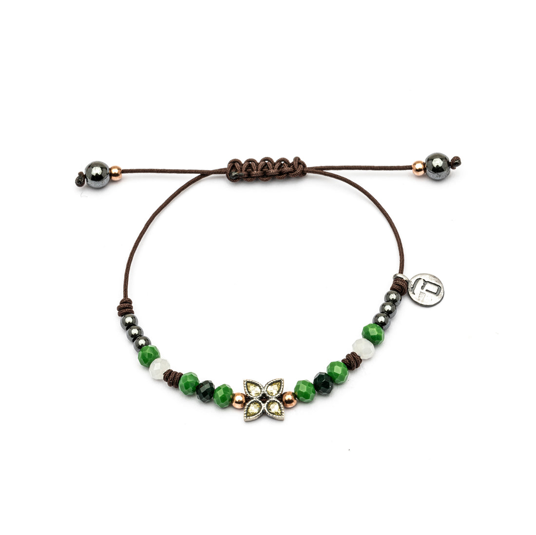 MA-392 PULSERA PLATA MACRAMÉ FLOR HOJAS CIRCONITAS VERDE CLARO