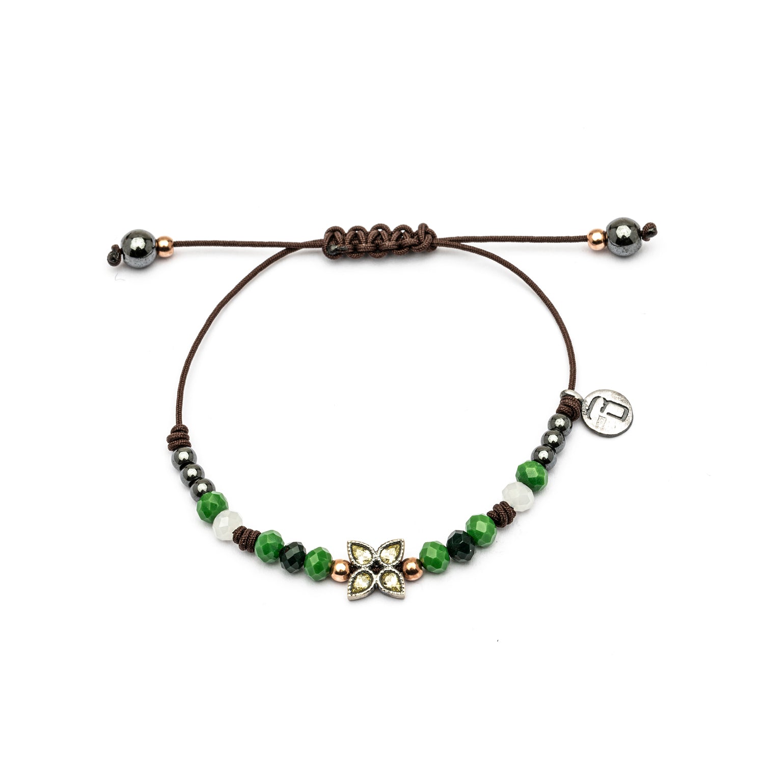 MA-392 PULSERA PLATA MACRAMÉ FLOR HOJAS CIRCONITAS VERDE CLARO