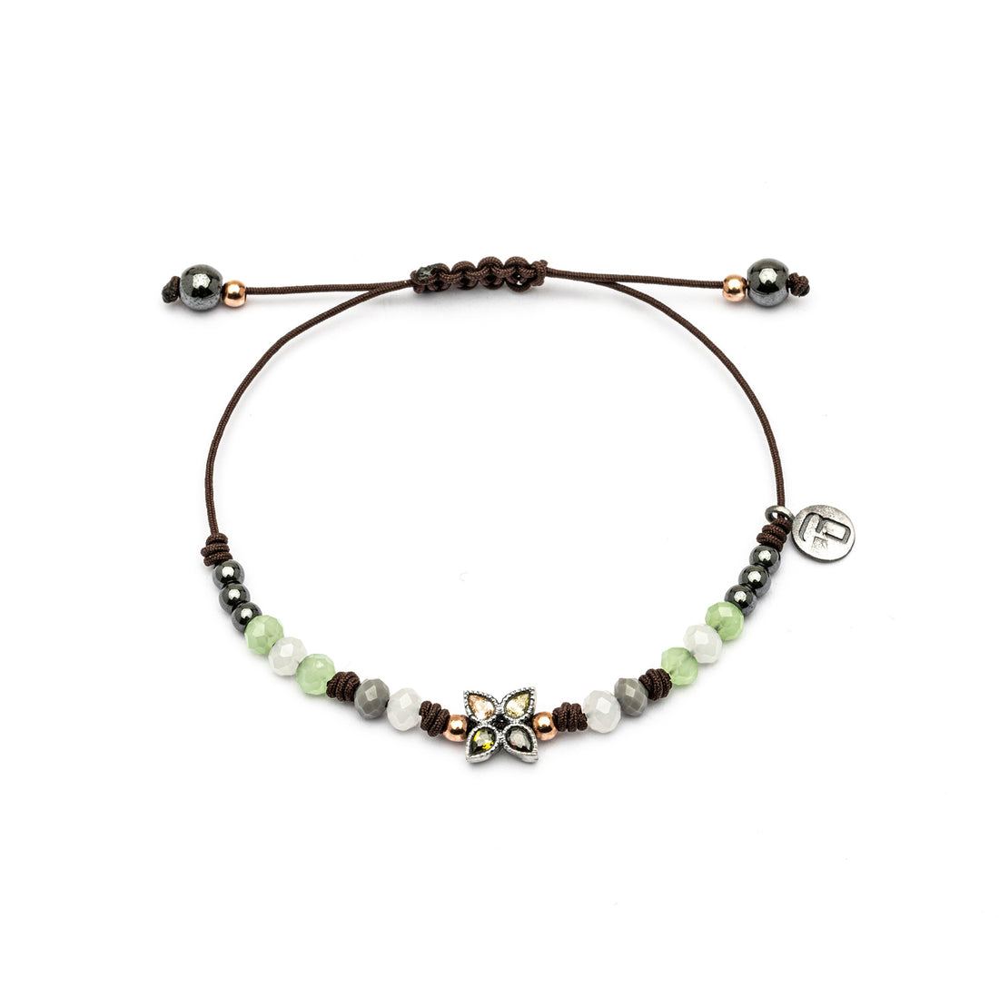 MA-393 PULSERA PLATA MACRAMÉ FLOR HOJAS CIRCONITAS CAVA, BROWN, VERDE CLARO Y OSCURO