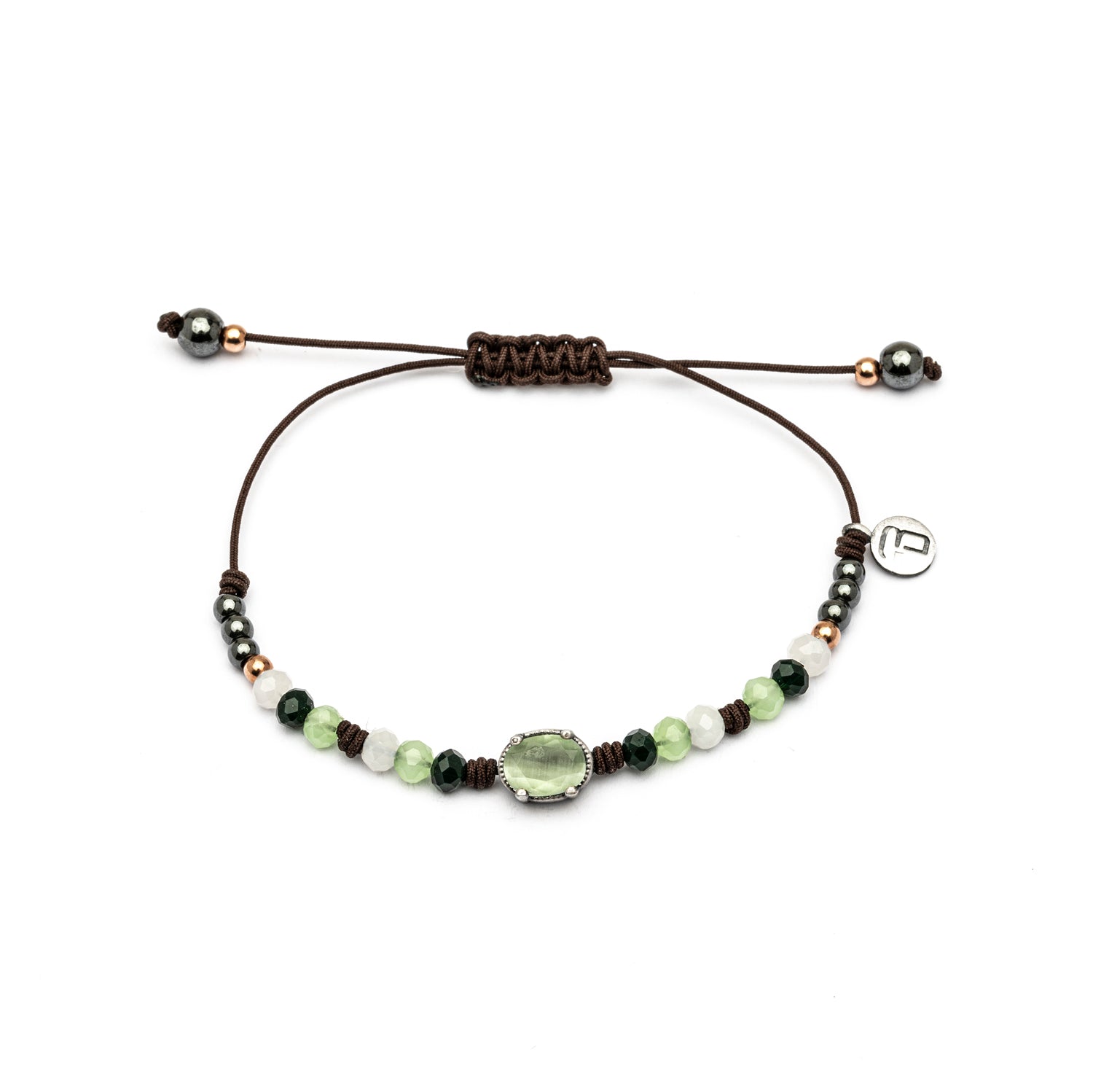 MA-403 PULSERA PLATA MACRAMÉ OJO DE GATO VERDE OVALADA MEDIANO