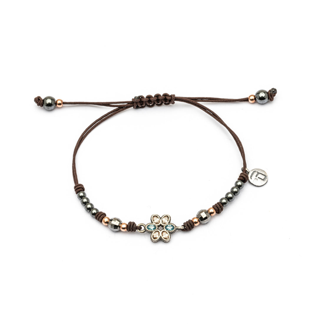 MA-409 PULSERA PLATA MACRAMÉ FLOR CIRCONITAS CAVA, AGUAMARINA