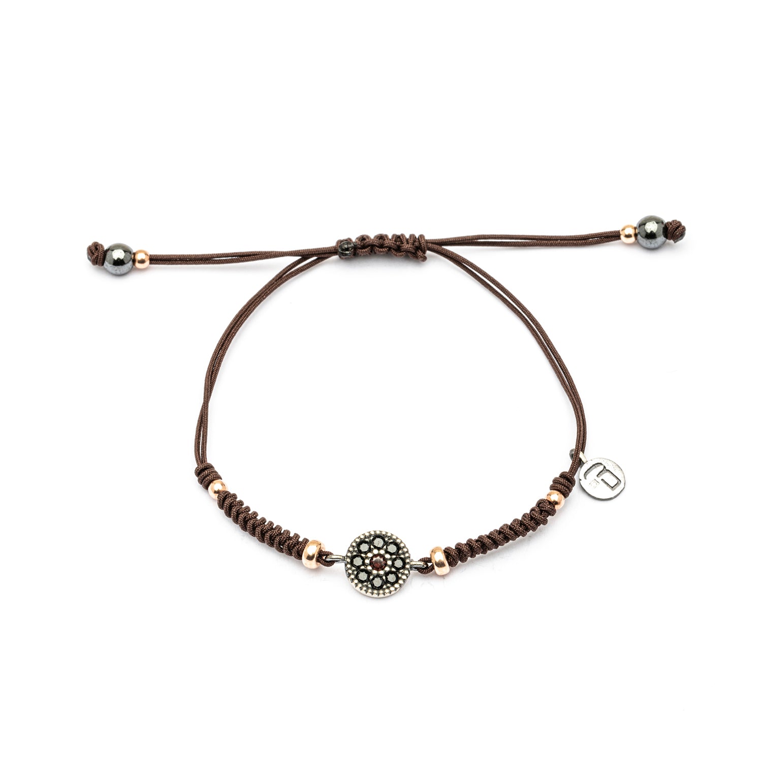 MA-438 PULSERA PLATA MACRAMÉ CIRCONITA BROWN Y ESPINELA, HEMATITES