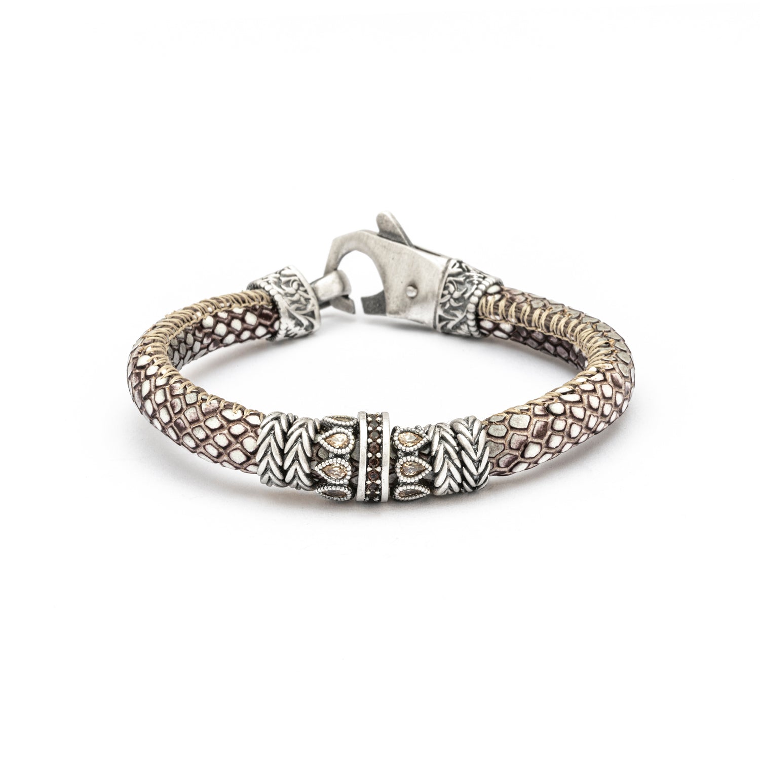 MOK-36 PULSERA CUERO PLATA CIRCONITAS BROWN, GOTAS CAVA