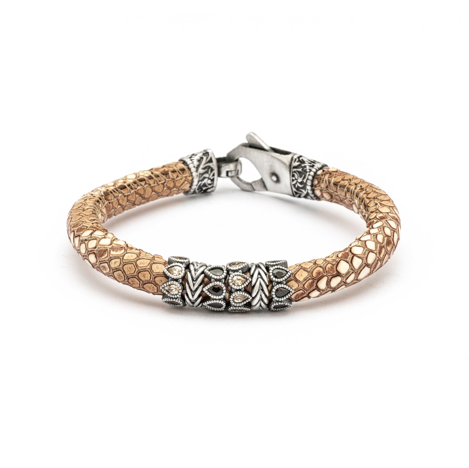 MOK-39 PULSERA CUERO PLATA TIRAS CIRCONITA GOTAS CAVA, BROWN