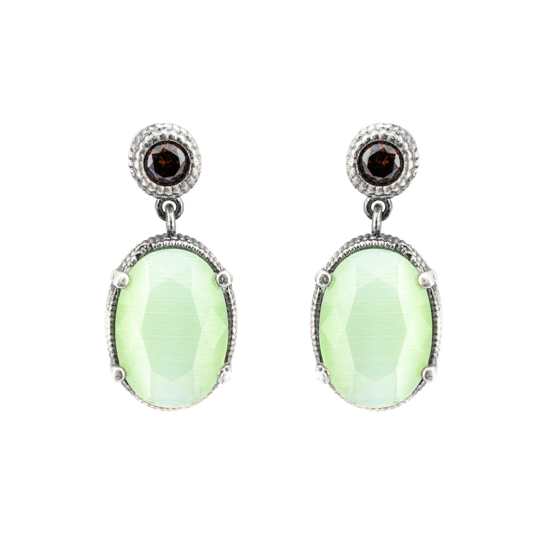 P909 PENDIENTES PLATA OJO DE GATO VERDE Y CIRCONITA CAVA