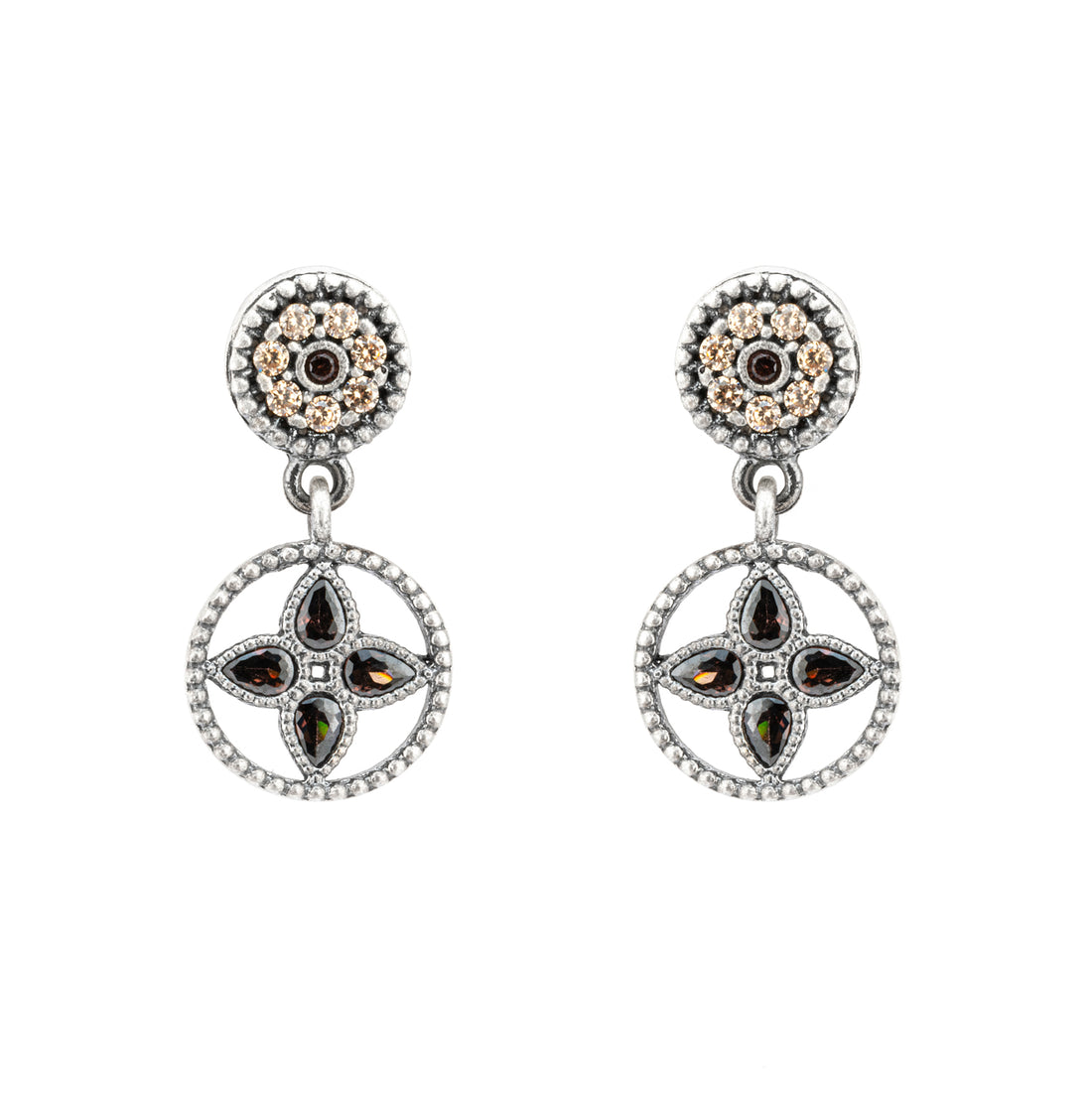 P939 PENDIENTES PLATA FLOR HOJAS CIRCONITAS BROWN