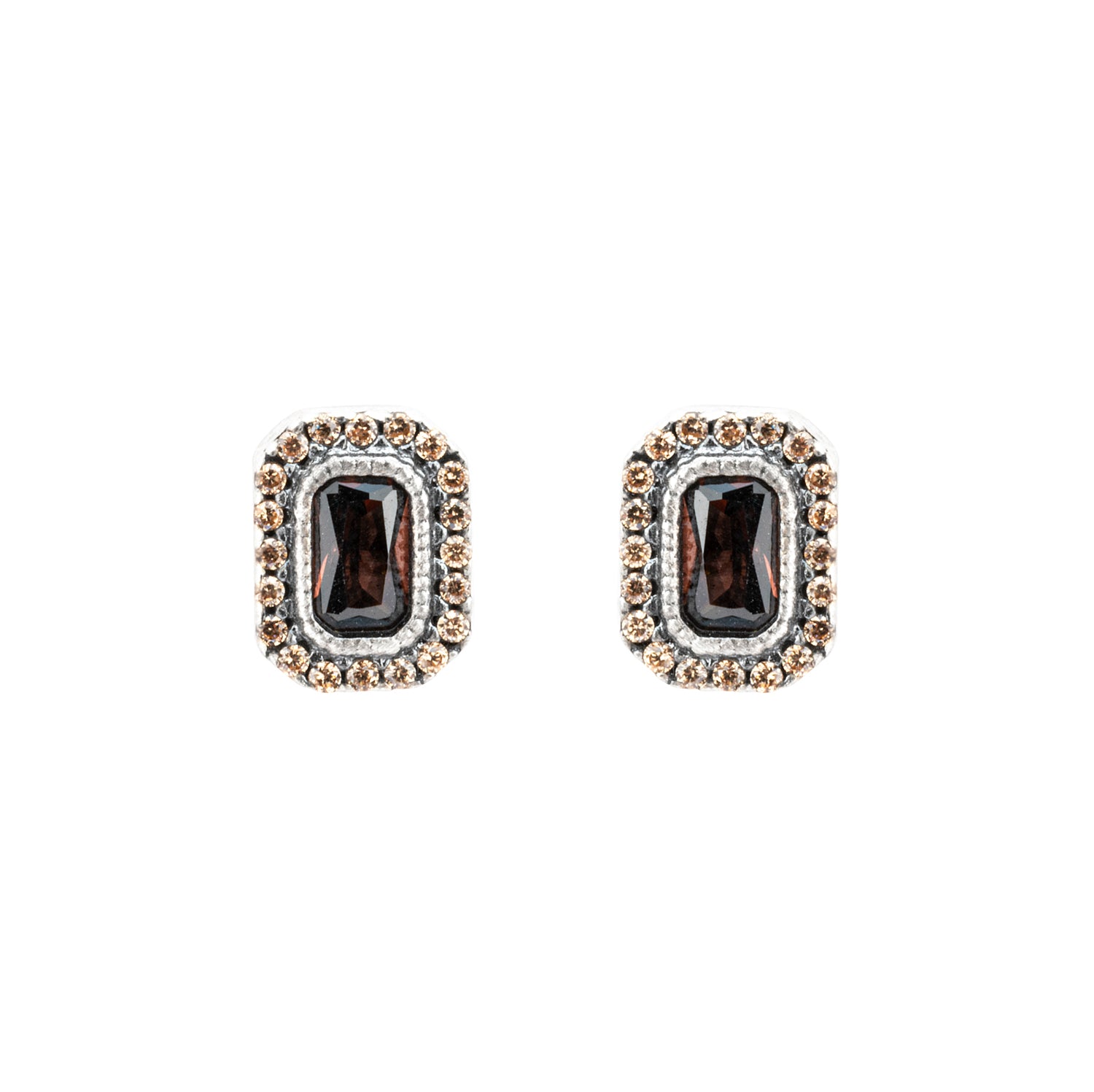 P947 PENDIENTES BOTÓN PLATA CIRCONITA OCTOGONAL BROWN, CAVA