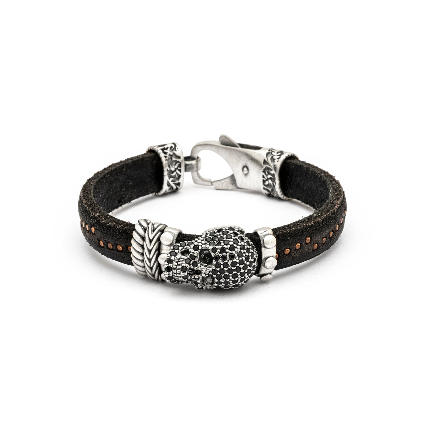 Pulsera cuero calavera plata